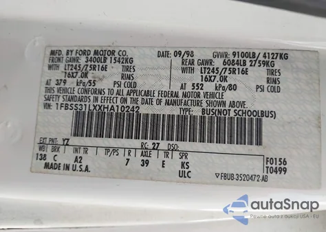 1999 Ford E-350 Super Duty Xl/Xlt from USA, damaged, VIN 1FBSS31LXXHA10242